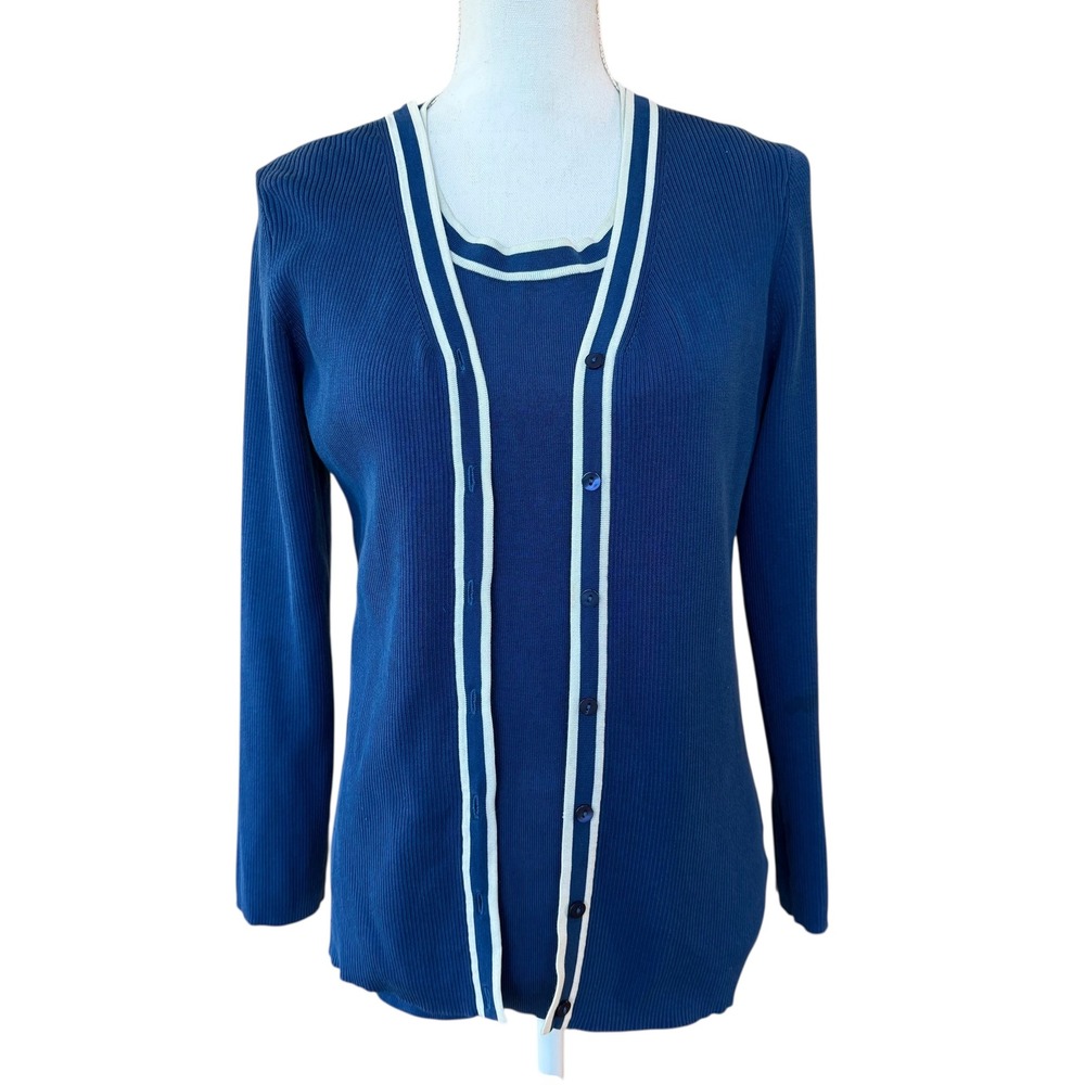 Pendleton Blue Ribbed Silk Blend Knit Tank Top & Cardigan Set Size XS S